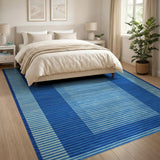 Blue Striped Geometric Border Area Rug
