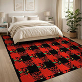 Bold Red Black Plaid Area Rug with Green Motifs
