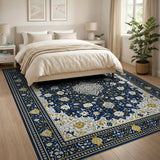 Navy Persian Floral Area Rug with Gold Accents