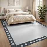 White Area Rug with Charcoal Polka Dot Border