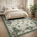 Multi-color and Patterns Ivory Persian Floral Area Rug with Green Border