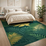 Golden Monstera Leaf Area Rug on Emerald Green