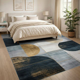 Blue and Teal Abstract Geometric Navy Blue Gold Area Rug