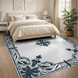 Ornate Navy Blue Floral Border Rug