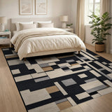 Modern Geometric Black Neutral Block Rug