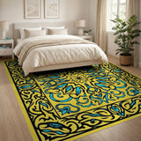 Golden Yellow Persian Floral Area Rug with Blue Motifs