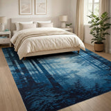 Misty Blue Pine Forest Silhouette Area Rug