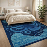 ODIKA Blue Octopus Nautical Washable Area Rug - Low Pile Non-Slip, Pet & Kid Friendly