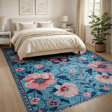 Teal Floral Area Rug with Pink Poppies Butterflies