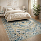 Teal Blue Geometric Heritage Tribal Rug