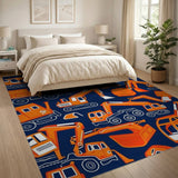 Washable Orange Construction Excavator Kids Playroom Rug