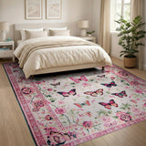 Whimsical Pink Butterfly Floral Floral Vintage Area Rug