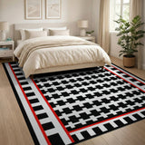Bold Black White Grid Area Rug with Red Border