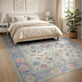 Beige Floral Vintage Area Rug with Pink Accents