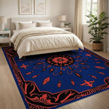 Navy Blue Persian Medallion Area Rug with Red Feathers