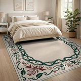Ornate Traditional Persian Border Rug in Beige with Green Red Florals