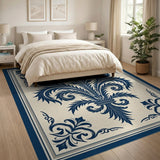 Navy Fleur-de-Lis Ornate Cream Area Rug