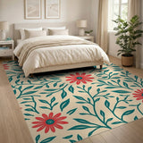 Vintage Red Daisy Floral Area Rug