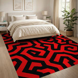 Bold Red Black Maze Geometric Area Rug