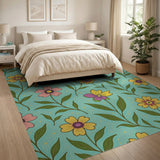 Vibrant Yellow Pink Flowers on Teal Rug