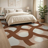Abstract Beige Loop Rug with Brown Curves White Dots