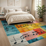 ODIKA Washable Music Note Abstract Area Rug - Vintage Teal & Orange Low Pile Non-Slip Rug
