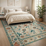 Cream Persian Rug with Teal Birds and Floral Motifs