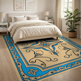 Ornate Blue Floral Border Beige Area Rug