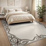 Ornate Floral Vine Border Beige Area Rug