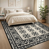 Beige Area Rug with Black Floral Medallions Ornate Border