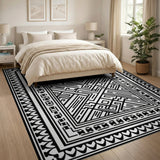Black White Labyrinth Maze Geometric Area Rug