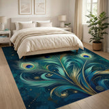 Teal Peacock Feathers Area Rug with Gold Accents