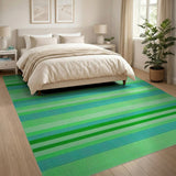 Vibrant Green Teal Striped Woven Area Rug