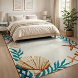Blue Teal Seashell Starfish Coastal Border Rug