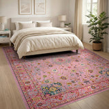 Pink Traditional Persian Area Rug with Teal Medallion