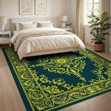Blue and Teal Teal Gold Ornate Medallion Area Rug