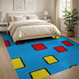 Vibrant Blue Geometric Rug with Red Yellow Blocks