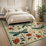 Vintage Botanical Dragonfly Washable Area Rug - Low Pile & Non-Slip