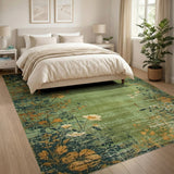Washable Vintage Distressed Floral Green Area Rug - Non-Slip, Low Pile