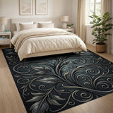 Ornate Grey Leaf Swirl Area Rug