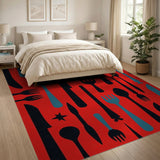 Red Cutlery Print Washable Area Rug