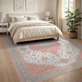 Coral Pink Teal Persian Medallion Area Rug