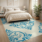 Elegant Blue Damask Floral Cream Area Rug