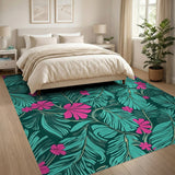 Teal Palm Leaves Pink Hibiscus Area Rug