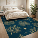 Gold Fern Leaves Stars Navy Pattern Area Rug