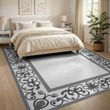 Ornate Black White Floral Frame Area Rug