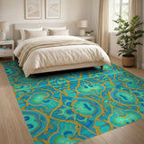 Teal Persian Motif Area Rug with Gold Accents