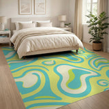 Vibrant Yellow Teal Abstract Wave Area Rug
