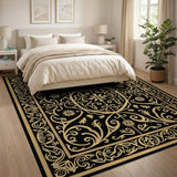 Gold and Silver Ornate Gold Filigree Black Area Rug