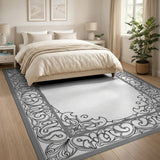 Black and White Ornate Floral Scrollwork Area Rug
